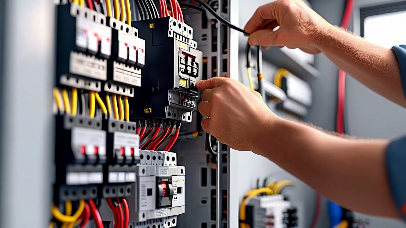 Licensed electrician upgrading a home’s electrical service panel to support EV chargers and heat pumps.