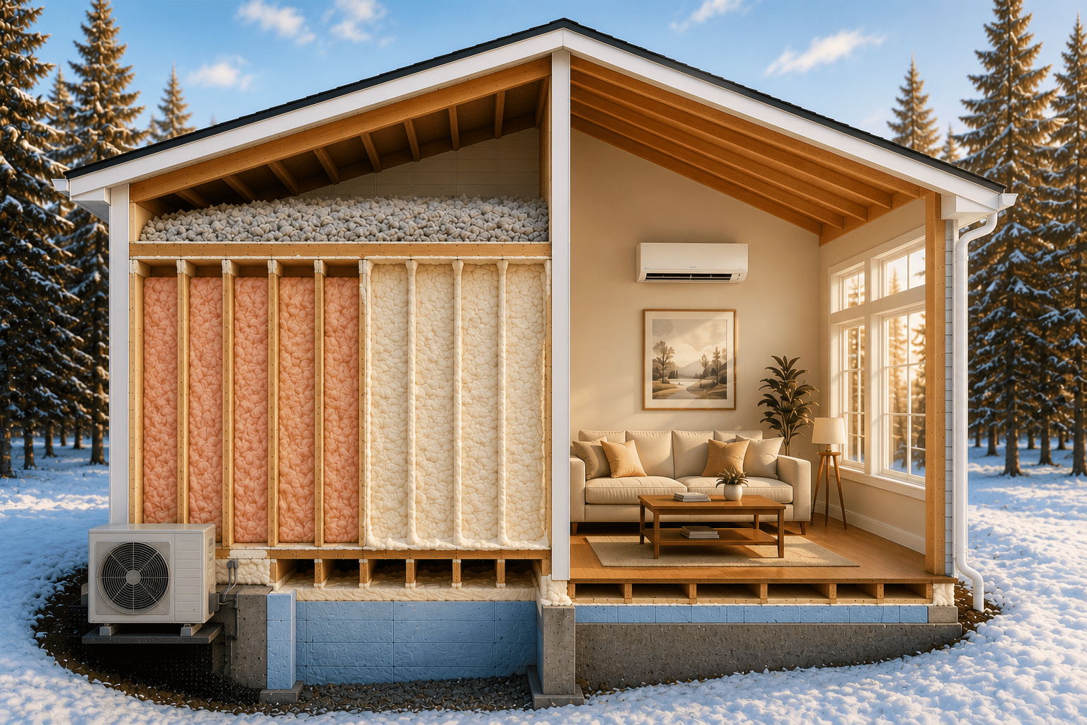 Architectural cutaway of a home showing blown-in attic insulation, batt wall insulation, spray foam insulation, and a ductless heat pump installed by Arctic Energy Solutions.