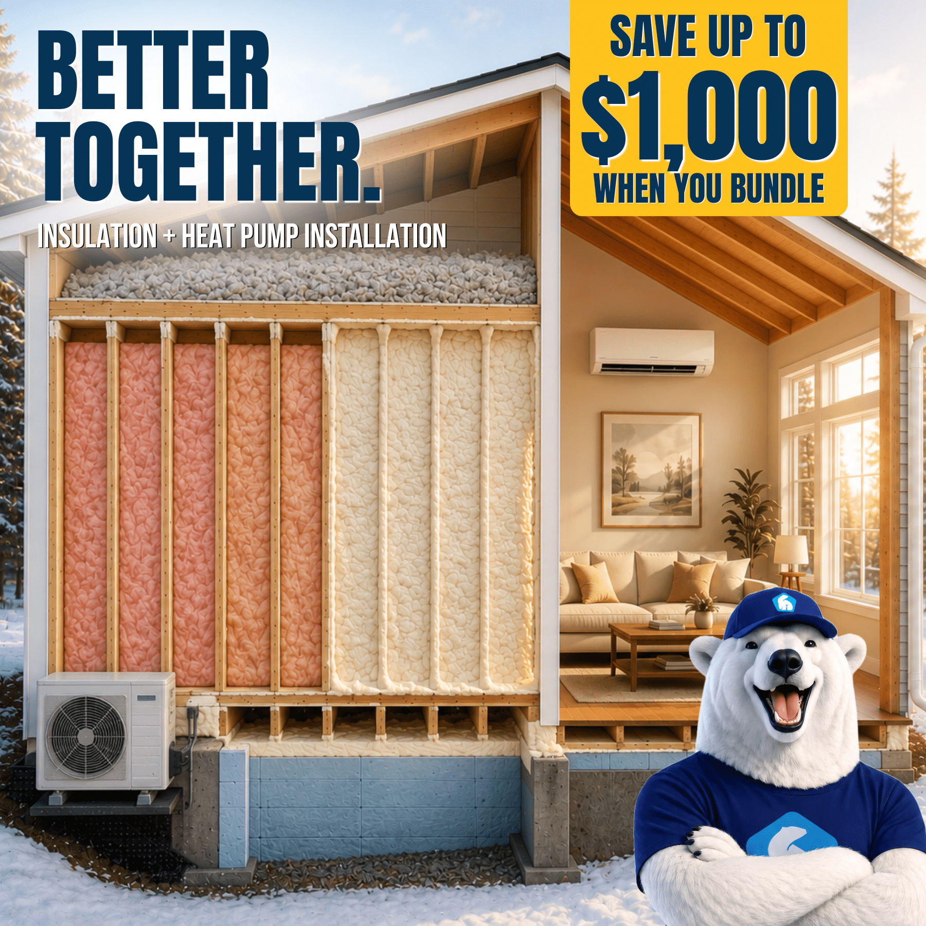 Arctic Energy Solutions insulation and heat pump installation bundle offer showing a home with attic insulation, spray foam, batt insulation, and a high-efficiency heat pump. Save up to $1,000 in Nova Scotia.