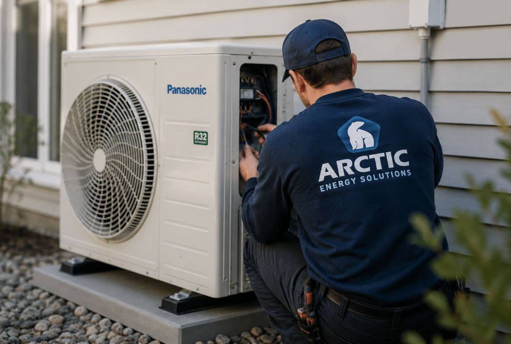 HVAC technician performing heat pump repair and maintenance service in Nova Scotia