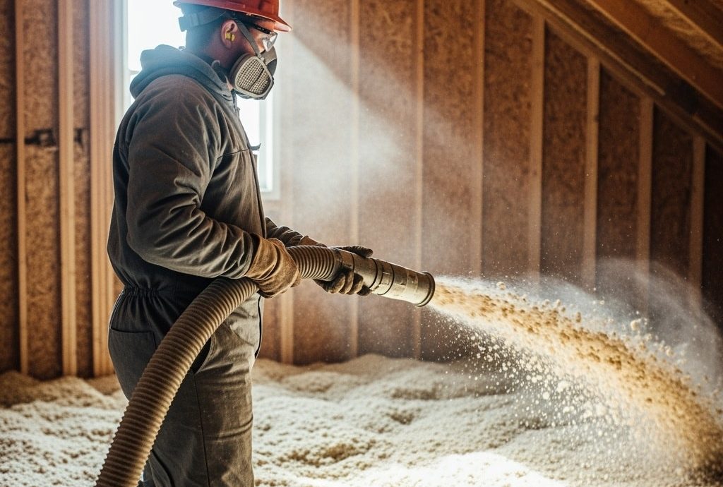 Worker in PPE installing blown-in cellulose insulation across attic floor in Canadian home